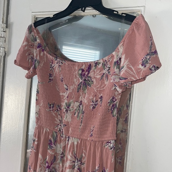 Cold Shoulder High Low Hem Allover Floral Dress with Pockets off peach color - Picture 6 of 12